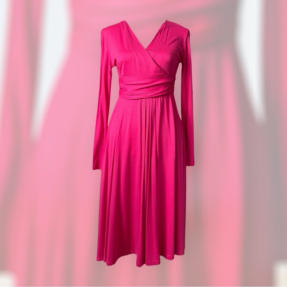 Pink Long Sleeve V-Neck Fit and Flare Dress